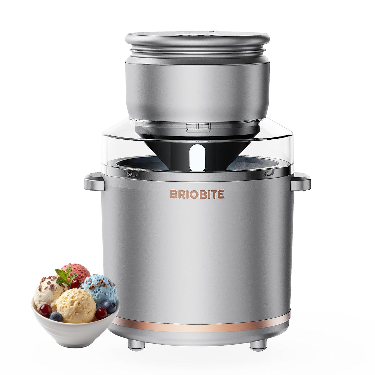BRIOBITE ice cream maker front view in silver, compact home-use device for quick treats.