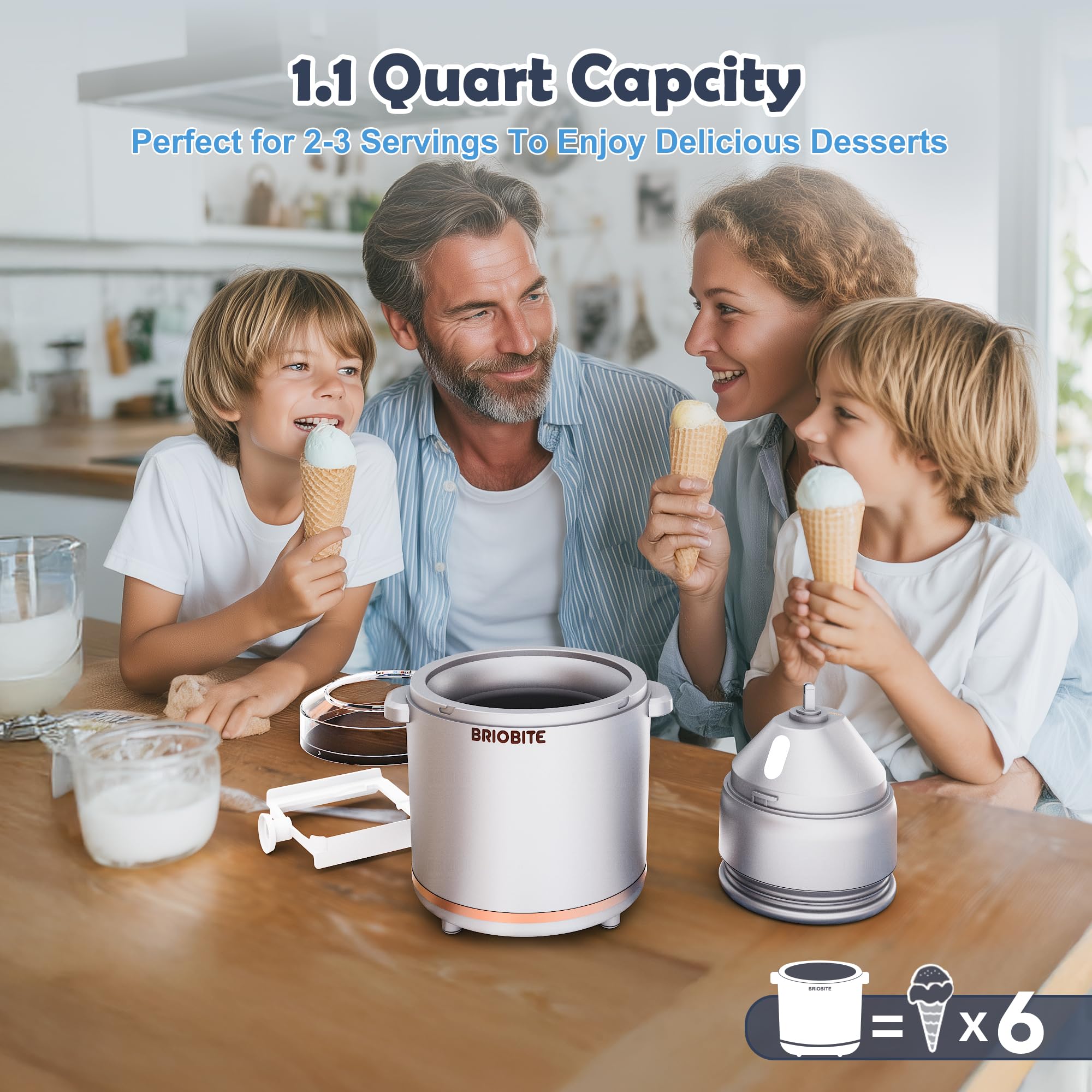 BRIOBITE ice cream maker silver side view highlighting slim profile for storage-friendly dessert prep.