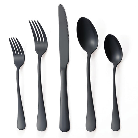 BRIOUT matte black silverware set for four on a dinner table