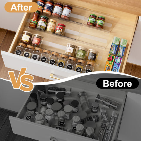 Brippo expandable spice rack shows 13 to 26 inch width in drawer