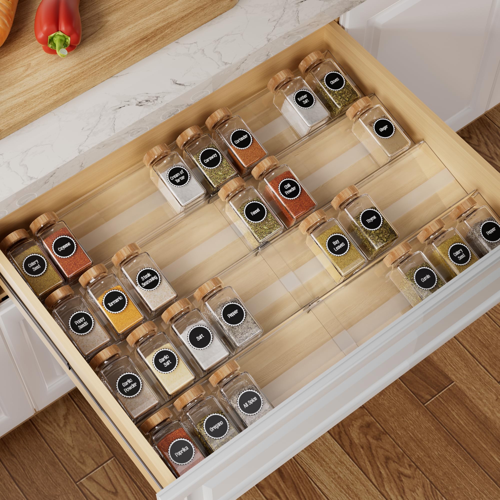 Brippo eight-piece spice drawer organizer displays neat jars for easy access