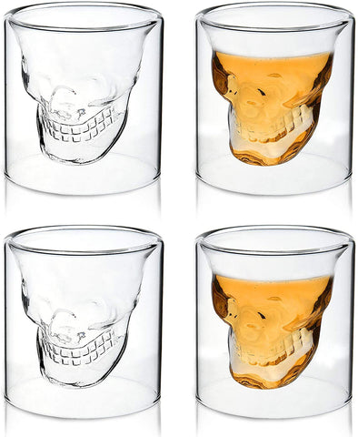 Brisked skull shot glasses set of 2 in a bar scene perfect for Halloween party vibes.