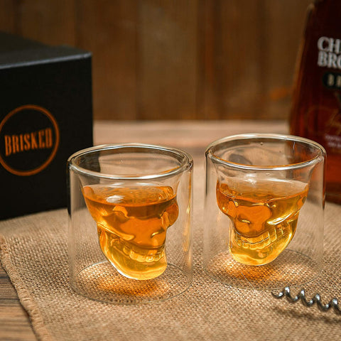 Brisked skull shot glasses set of 2 featuring a crystal skull design for bold bar decor.