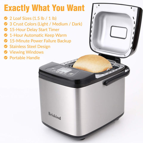 Briskind 1.5 lb capacity bread pan ensuring evenly baked loaves.