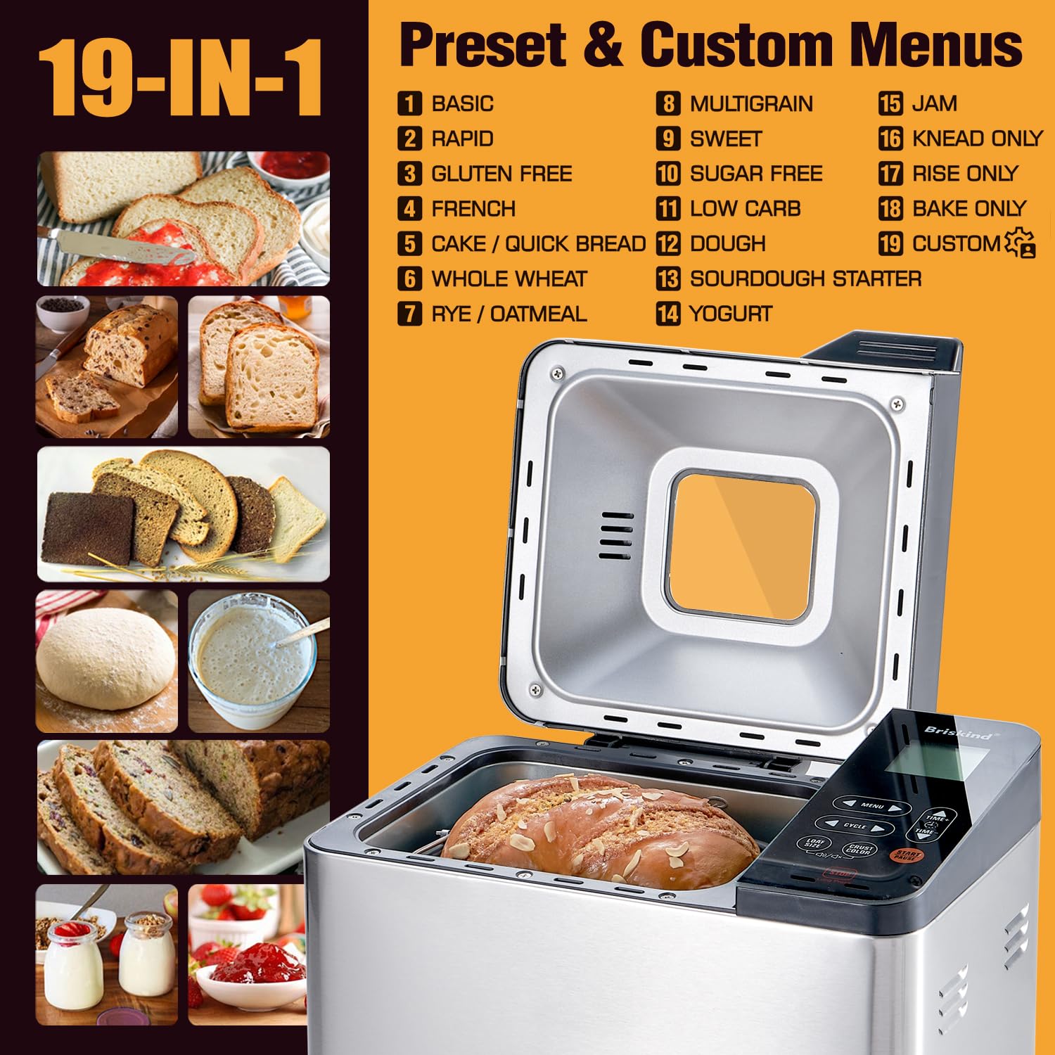 Briskind bread maker with glass touch panel for easy program selection