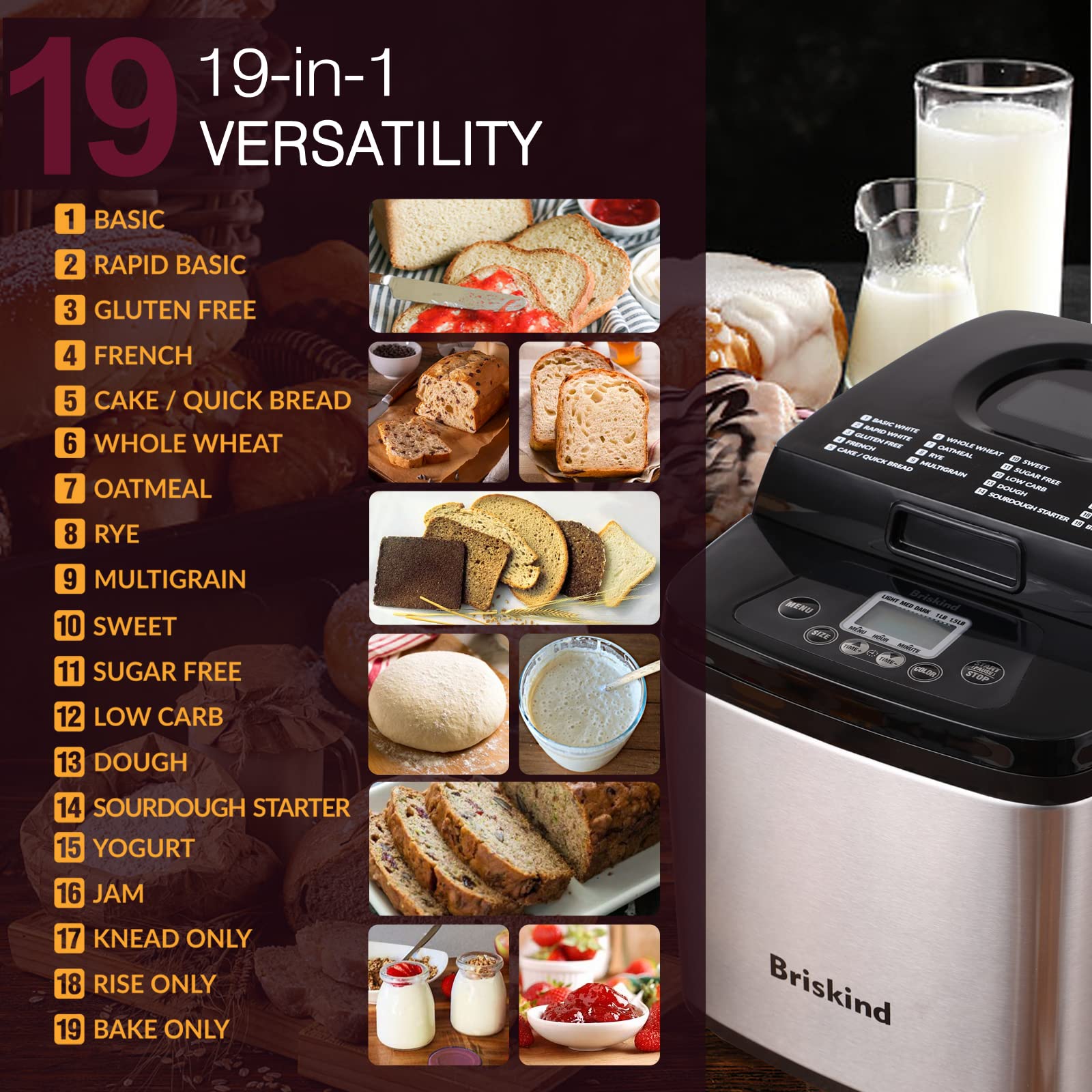 Briskind control panel with menu buttons for versatile baking options.