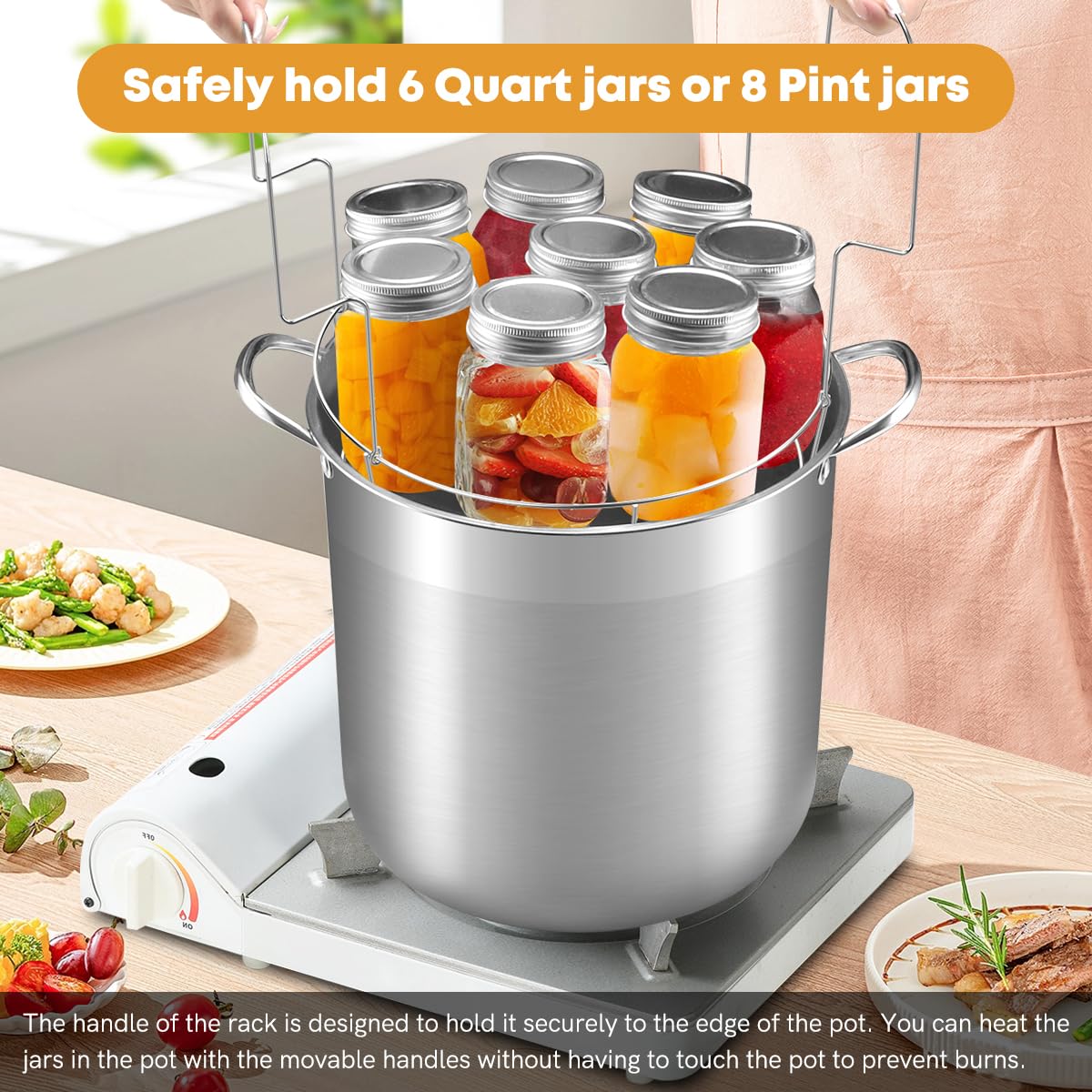 BriSunshine canning rack securely holds 6 quarts or 8 pints