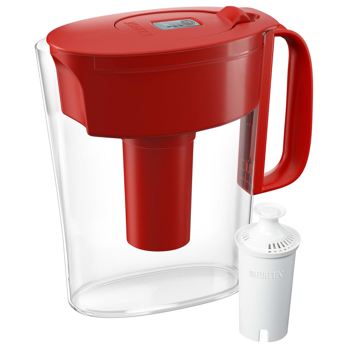 BRITA water filter pitcher red front view showing compact fridge-friendly design