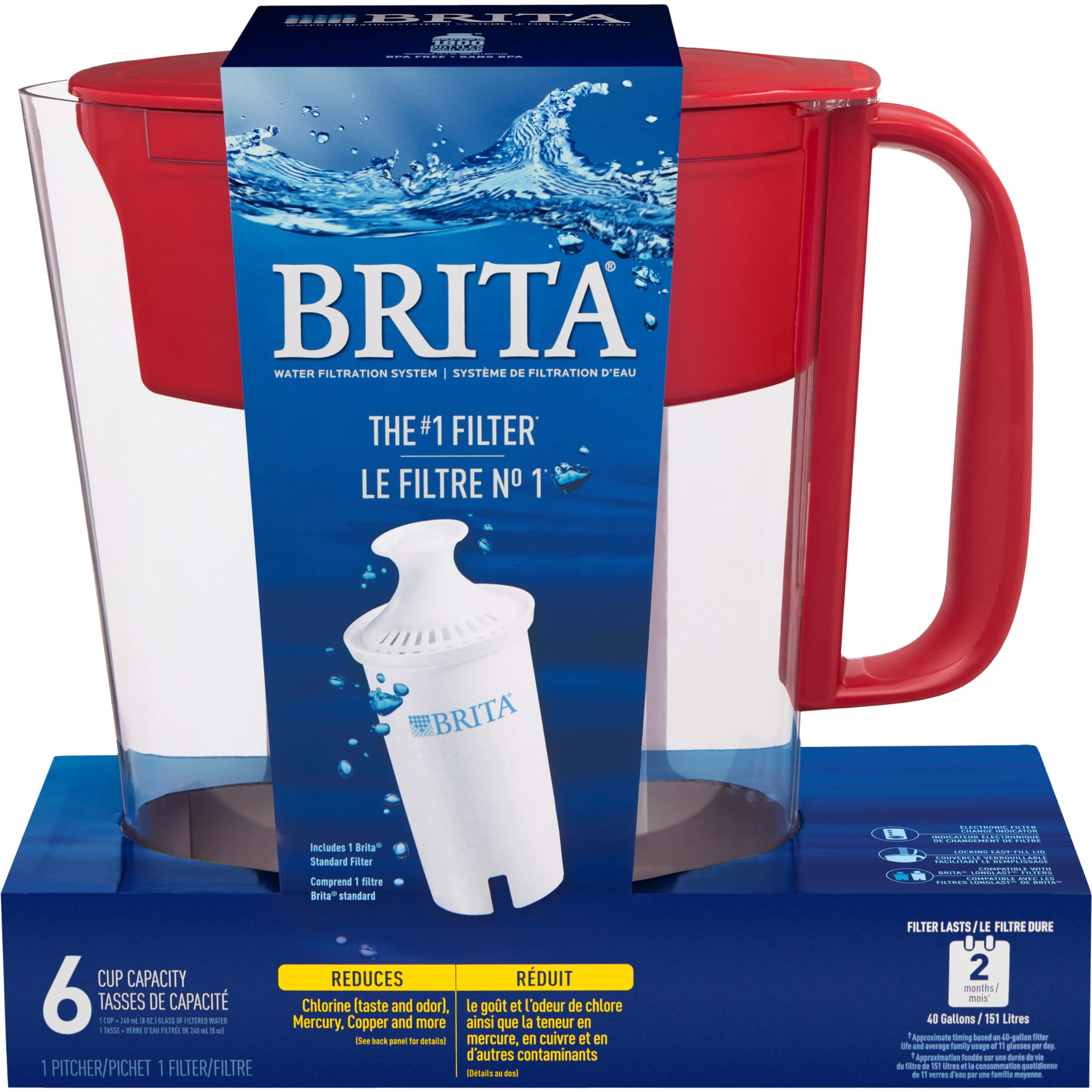 BRITA red pitcher compatible with Longlast filters for fresher water
