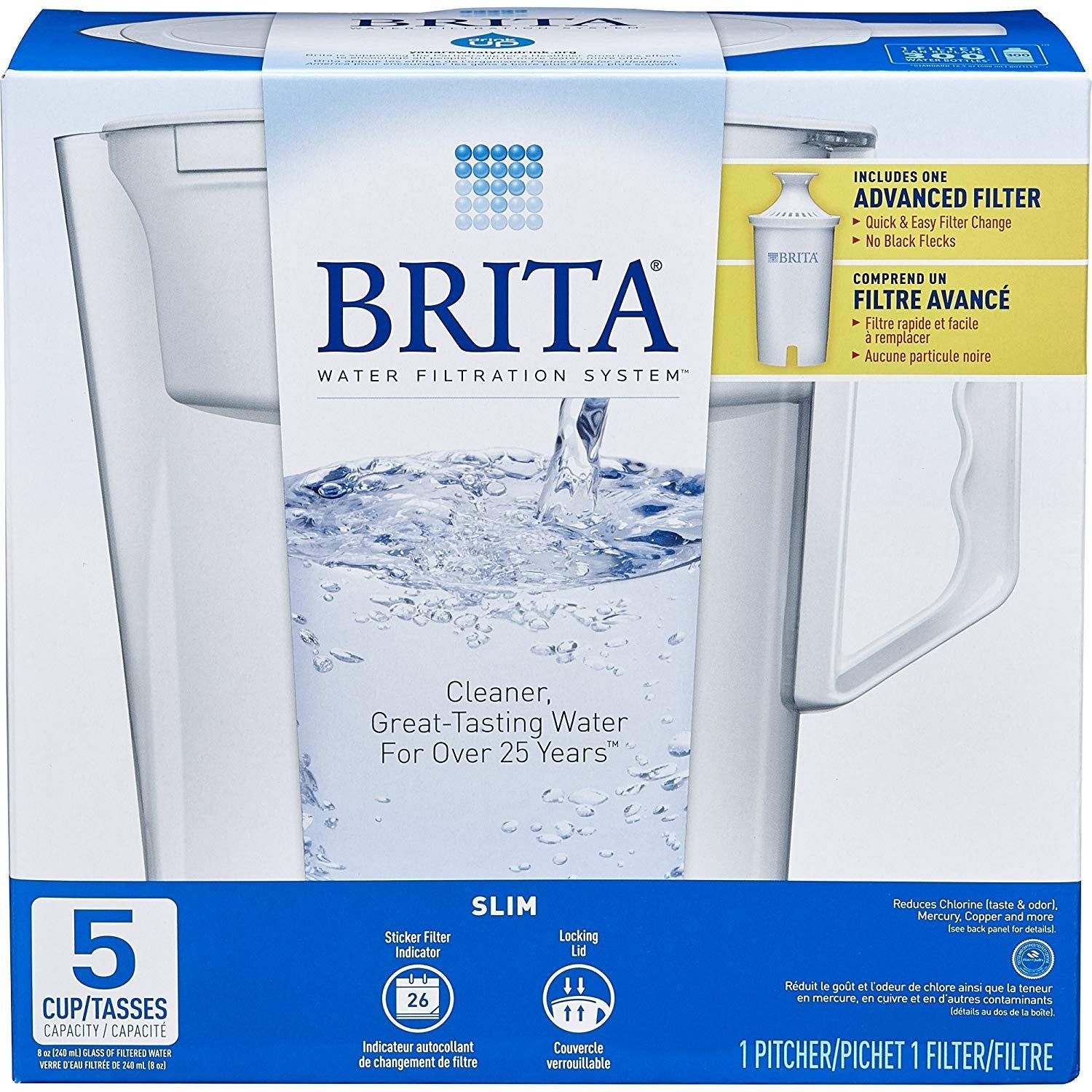 Brita Slim pitcher under tap refilling for chlorine-reduced taste.