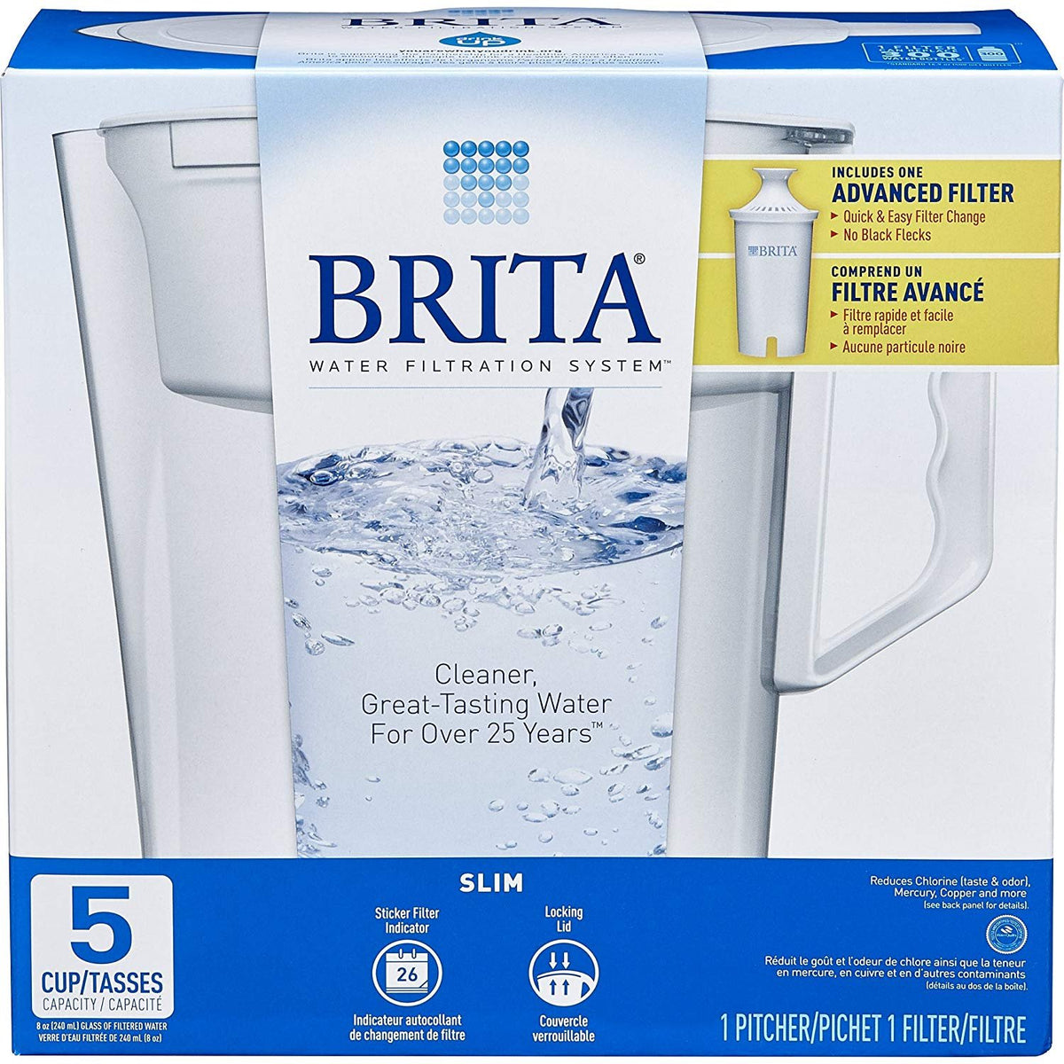 Brita Slim pitcher under tap refilling for chlorine-reduced taste.