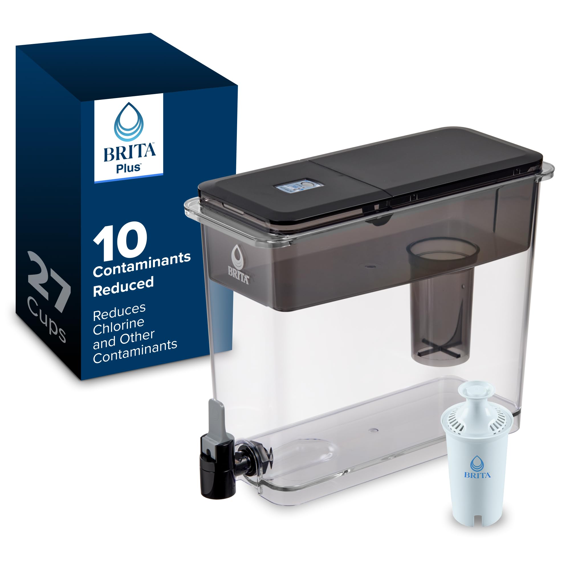 Brita UltraMax dispenser shows 27-cup capacity for family hydration.