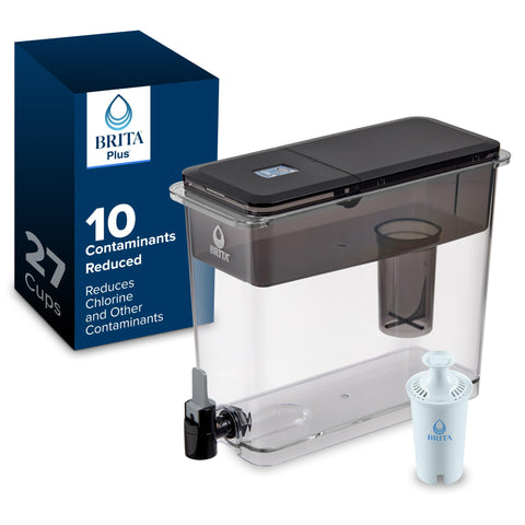 Brita UltraMax dispenser shows 27-cup capacity for family hydration.