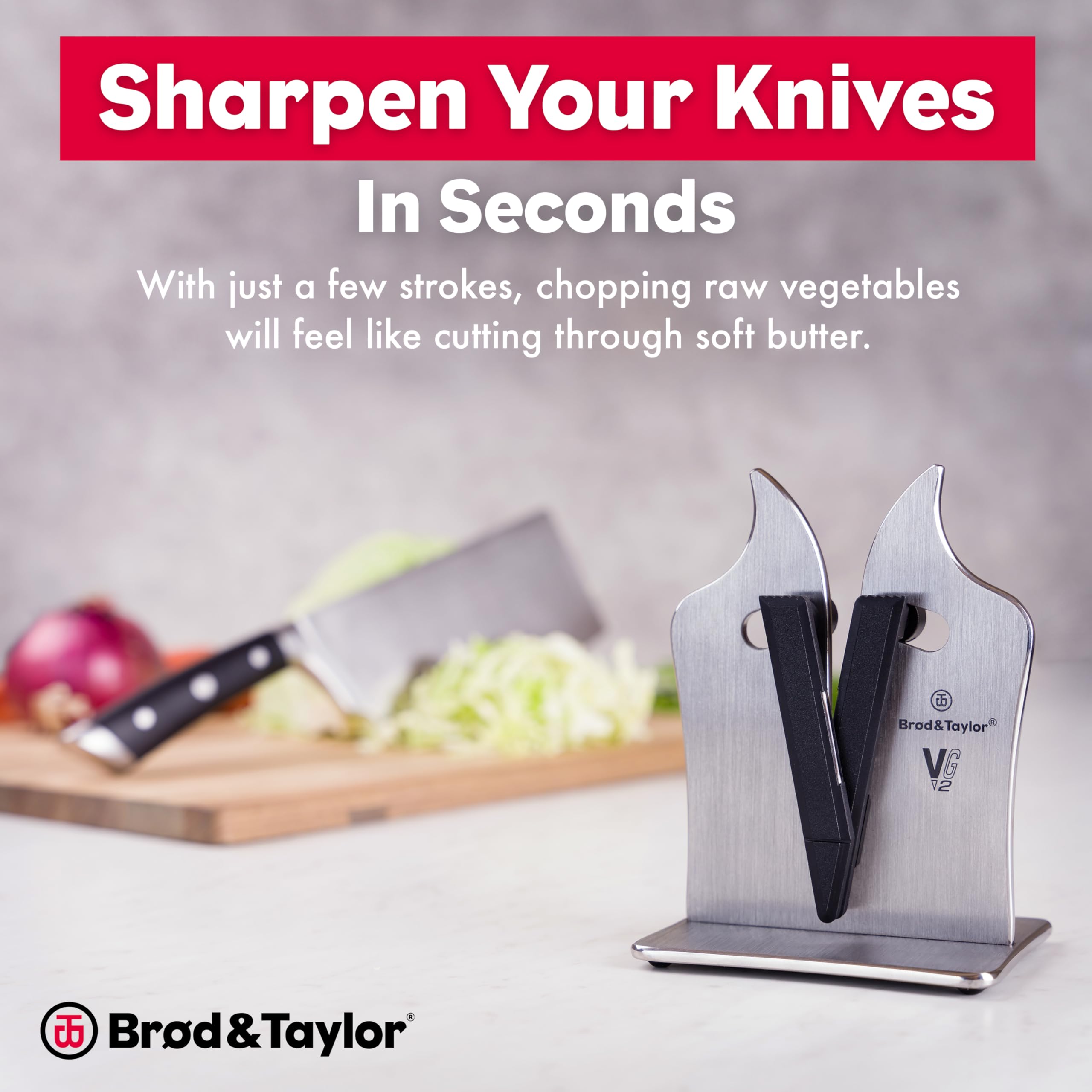 VG2 tungsten carbide edges deliver fast, precise sharpening on common kitchen blades.