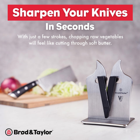 VG2 tungsten carbide edges deliver fast, precise sharpening on common kitchen blades.