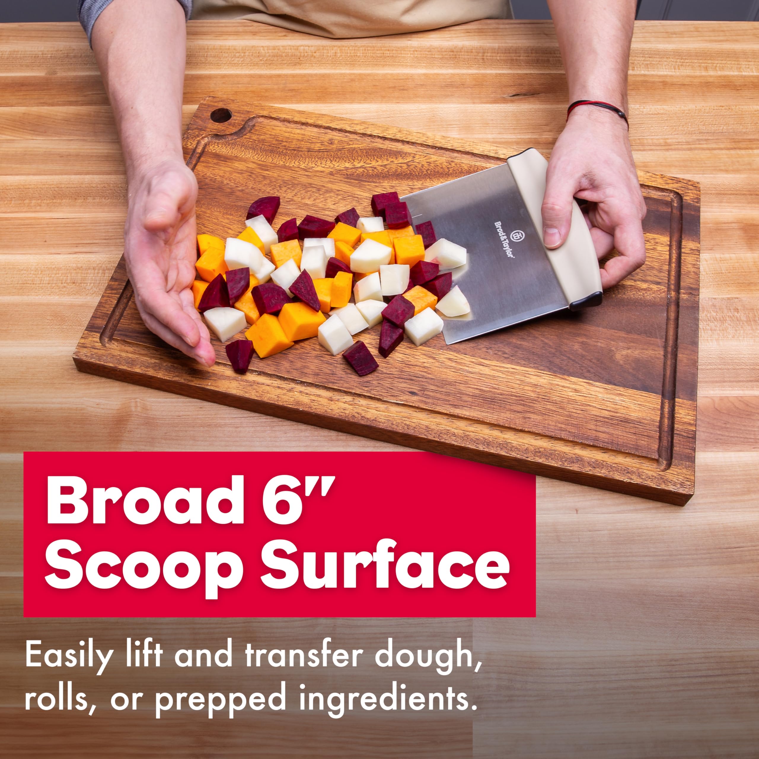 Brod & Taylor bench knife transferring dough to a scale
