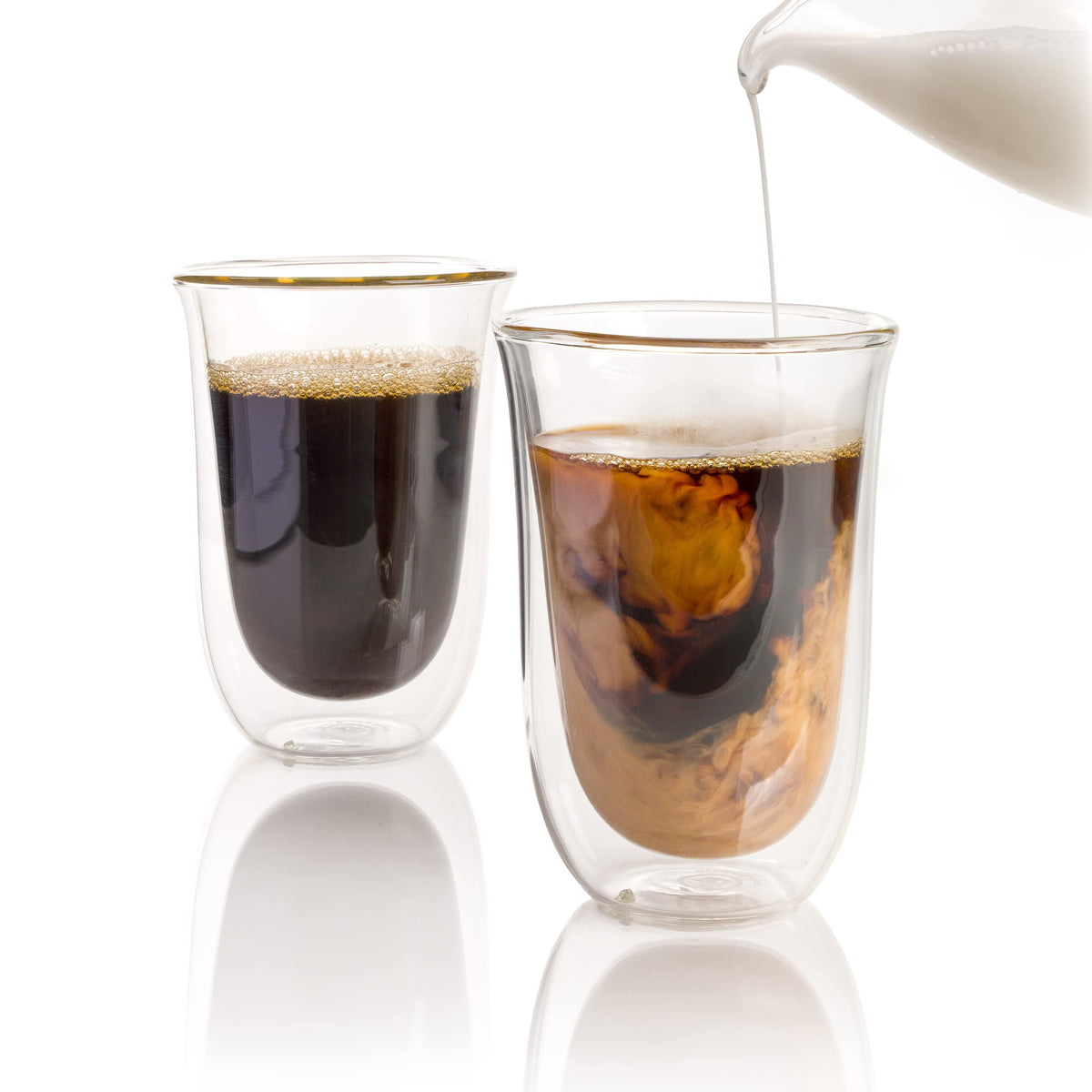 Brod & Taylor double-wall espresso glass cup shows 7.5oz capacity and heat retention.