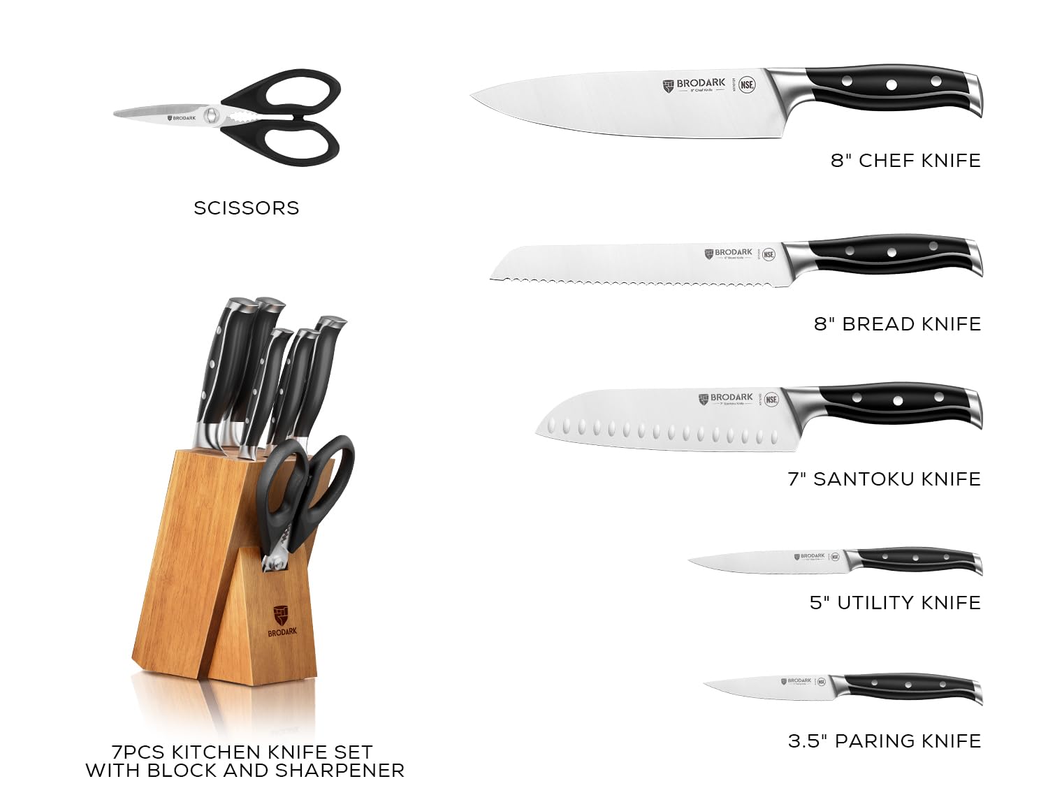 BRODARK acacia block with built-in sharpener keeping blades ready.
