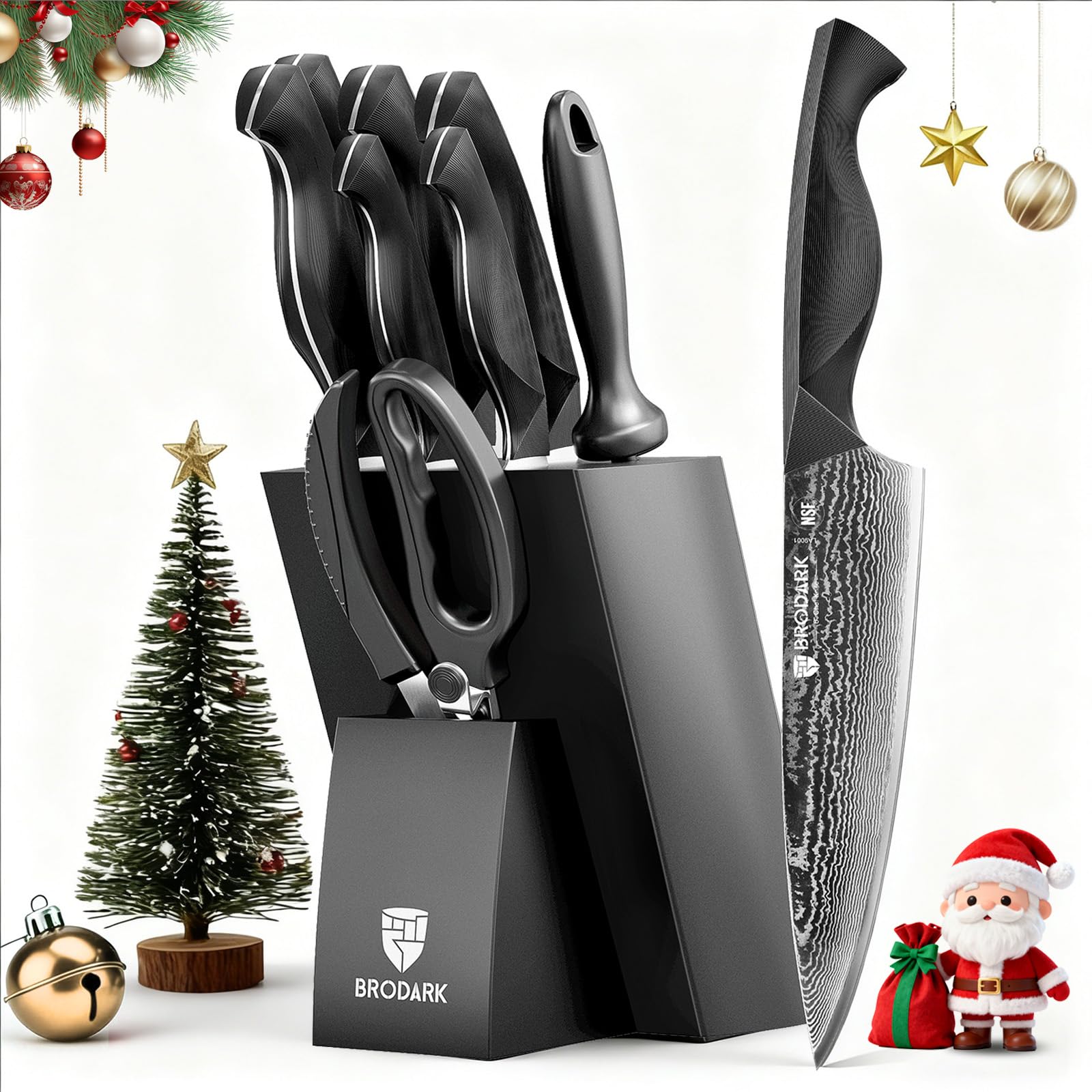 BRODARK Damascus knife set blade closeup showing razor sharp edge for precise slicing