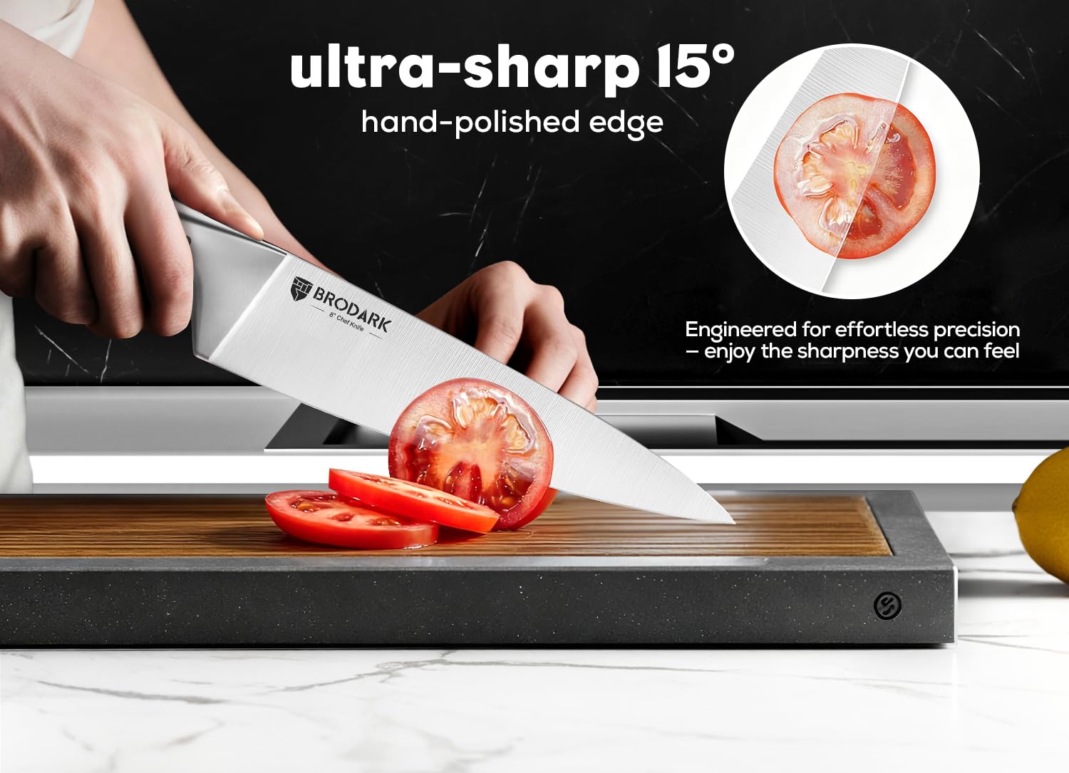 BRODARK ergonomic honeycomb-etched handle offers secure grip during wet-food prep.