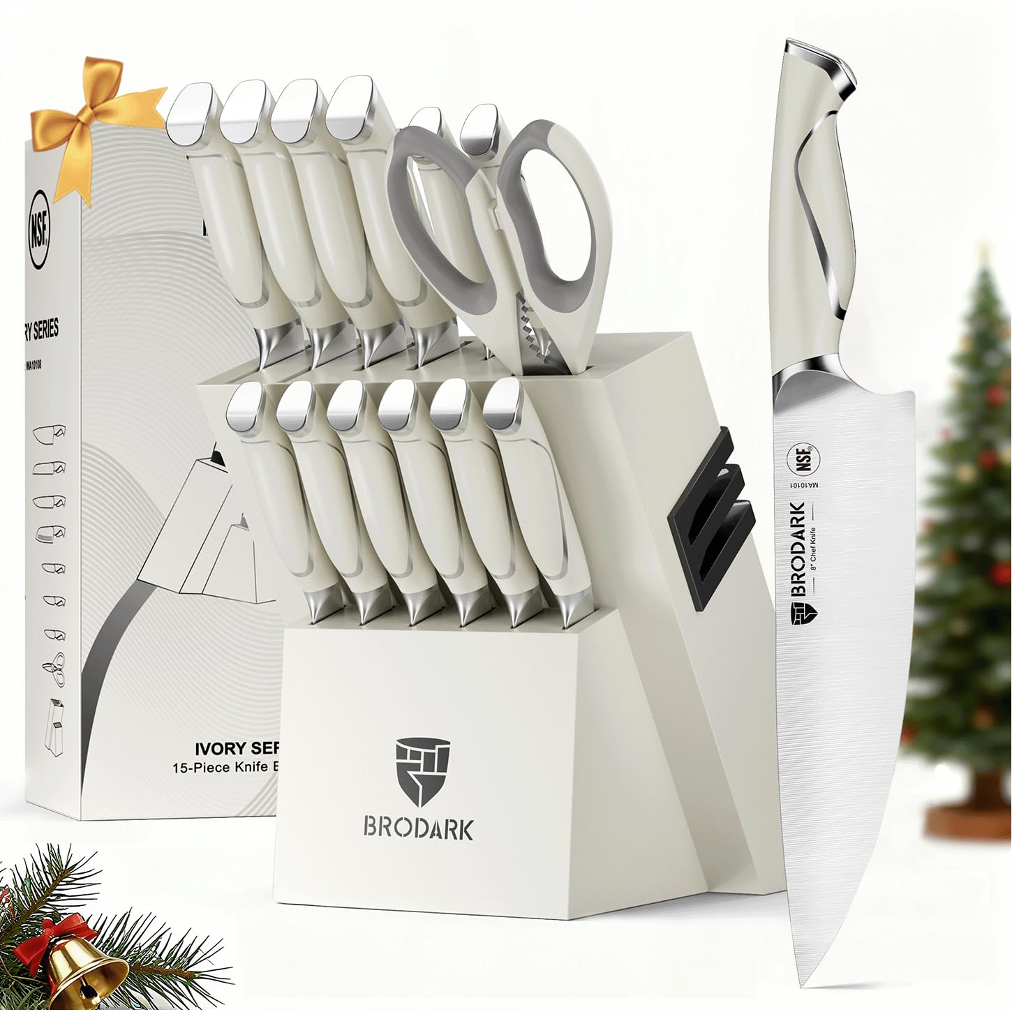 BRODARK Ivory Series knife block with built-in sharpener keeps blades organized and ready.