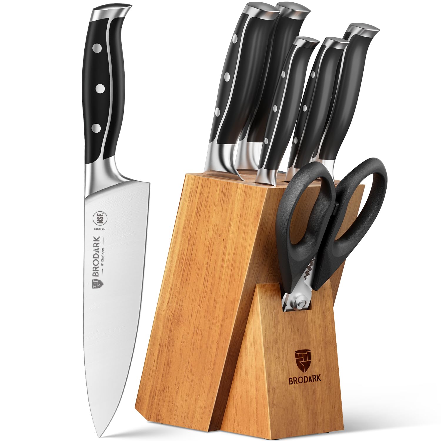 BRODARK 7-piece knife set shown with acacia block for organized storage and easy access.