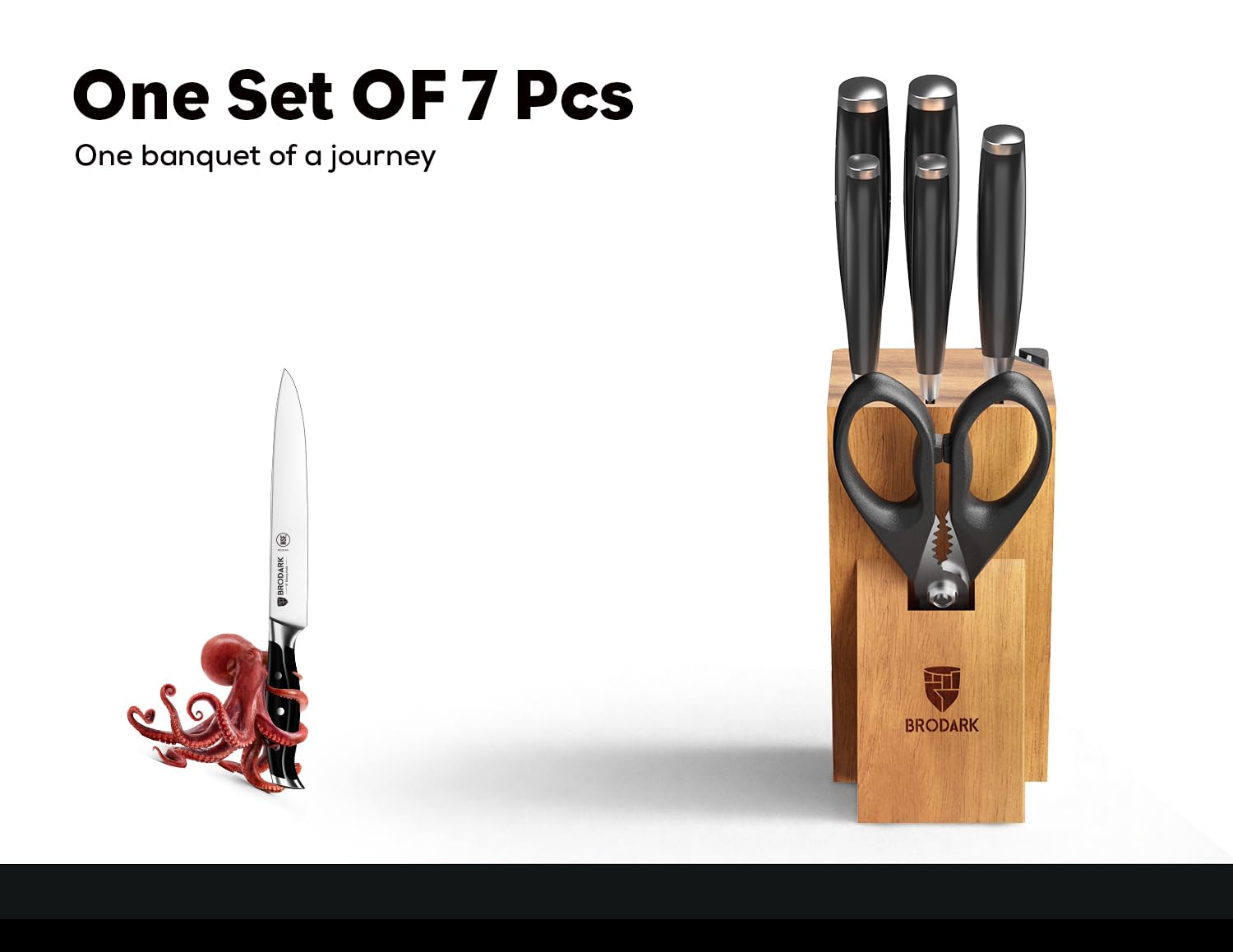 BRODARK 8-inch chef knife with ergonomic 45° grip for comfortable slicing.