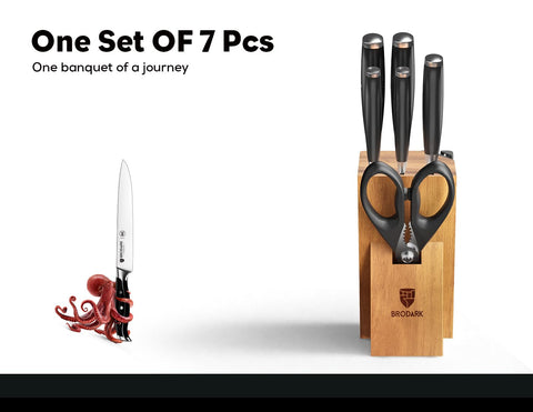 BRODARK 8-inch chef knife with ergonomic 45° grip for comfortable slicing.