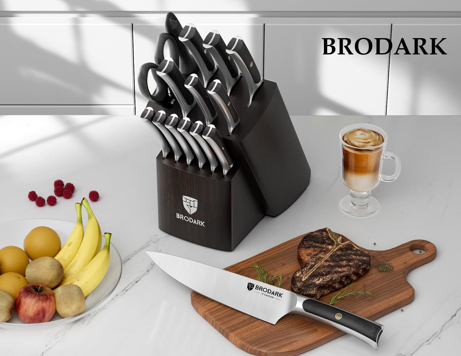 BRODARK knife set with Santoku knife organized in the wooden block for versatile prep.