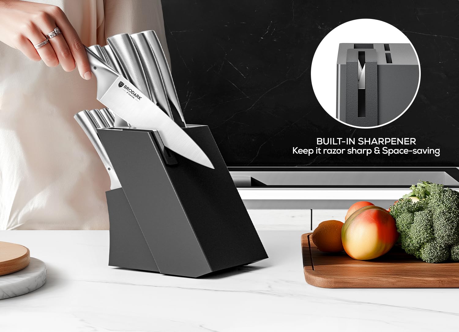 BRODARK natural wooden block provides organized storage and gift-ready presentation.