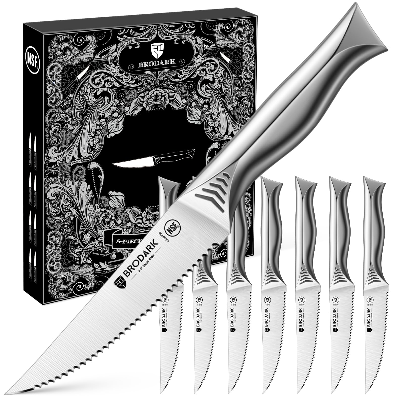 BRODARK Shark Series eight-piece knife set on counter for precise meat slicing