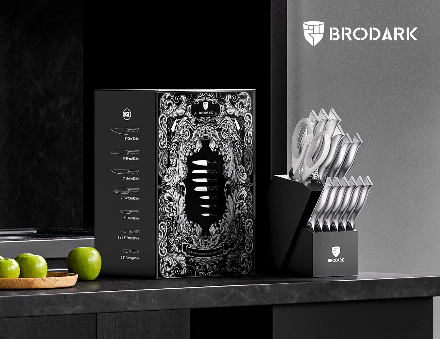 BRODARK Shark Series Wood Block with built-in sharpener keeps blades organized and sharp