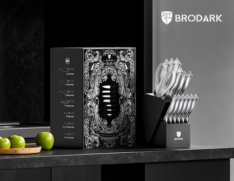 BRODARK Shark Series Wood Block with built-in sharpener keeps blades organized and sharp