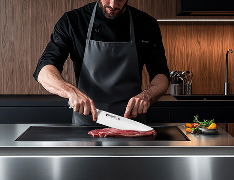BRODARK Ivory Series wood block displays knives with a two-stage sharpener.