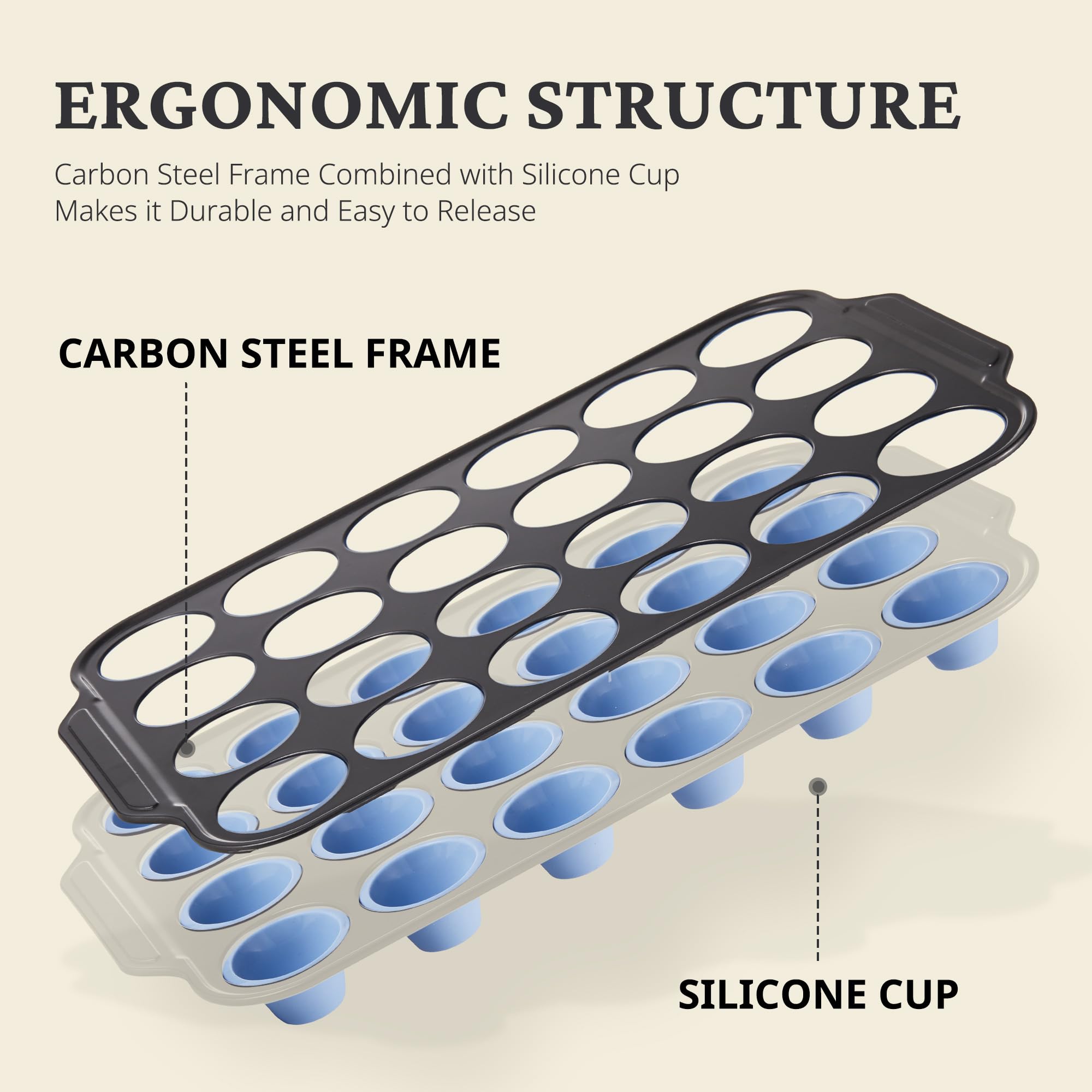 BronyPro blue silicone mini muffin pan with metal frame close-up showing sturdy support.