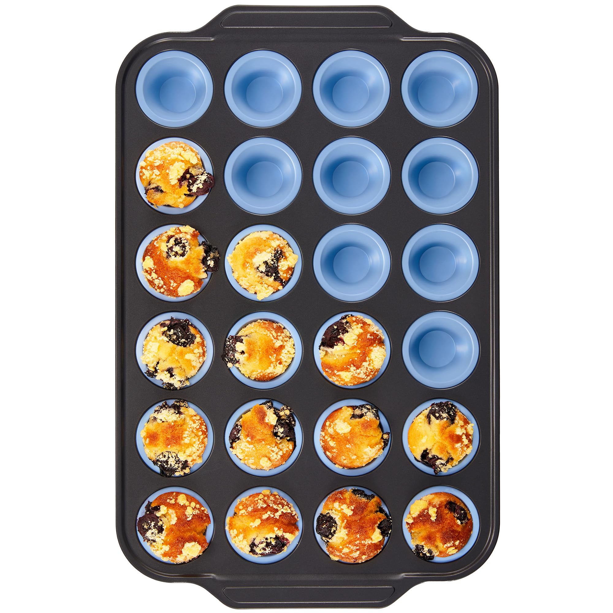 BronyPro silicone mini muffin pan in blue front view highlights easy release.