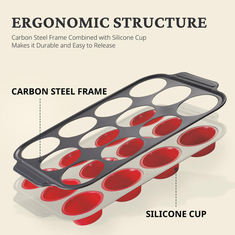BronyPro silicone muffin pan with metal frame provides stable, even baking results.