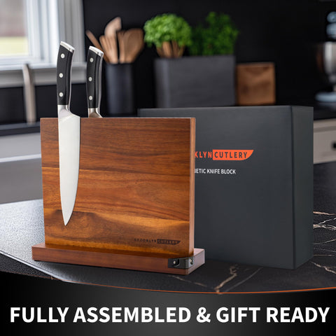 Brooklyn Cutlery knife block built-in sharpener keeps blades ready for tasks.