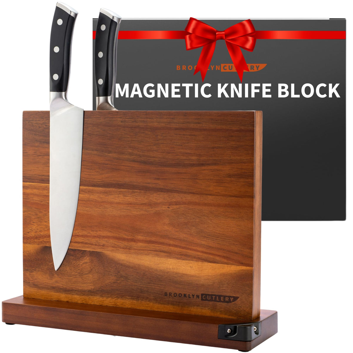 Brooklyn Cutlery magnetic knife block on kitchen counter showcases sleek design and ample knife storage.