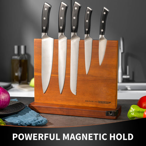 Brooklyn Cutlery magnetic knife block close-up of dual magnets securing knives for quick access.
