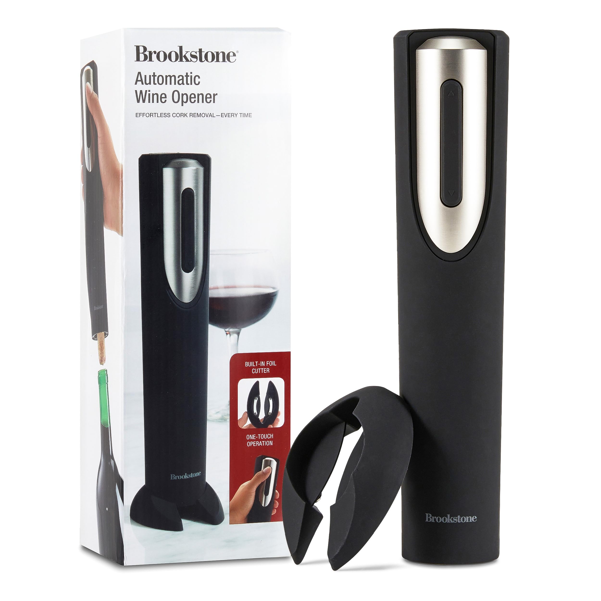 Brookstone electric wine opener on its stand, ready for quick, mess-free bottle opening.
