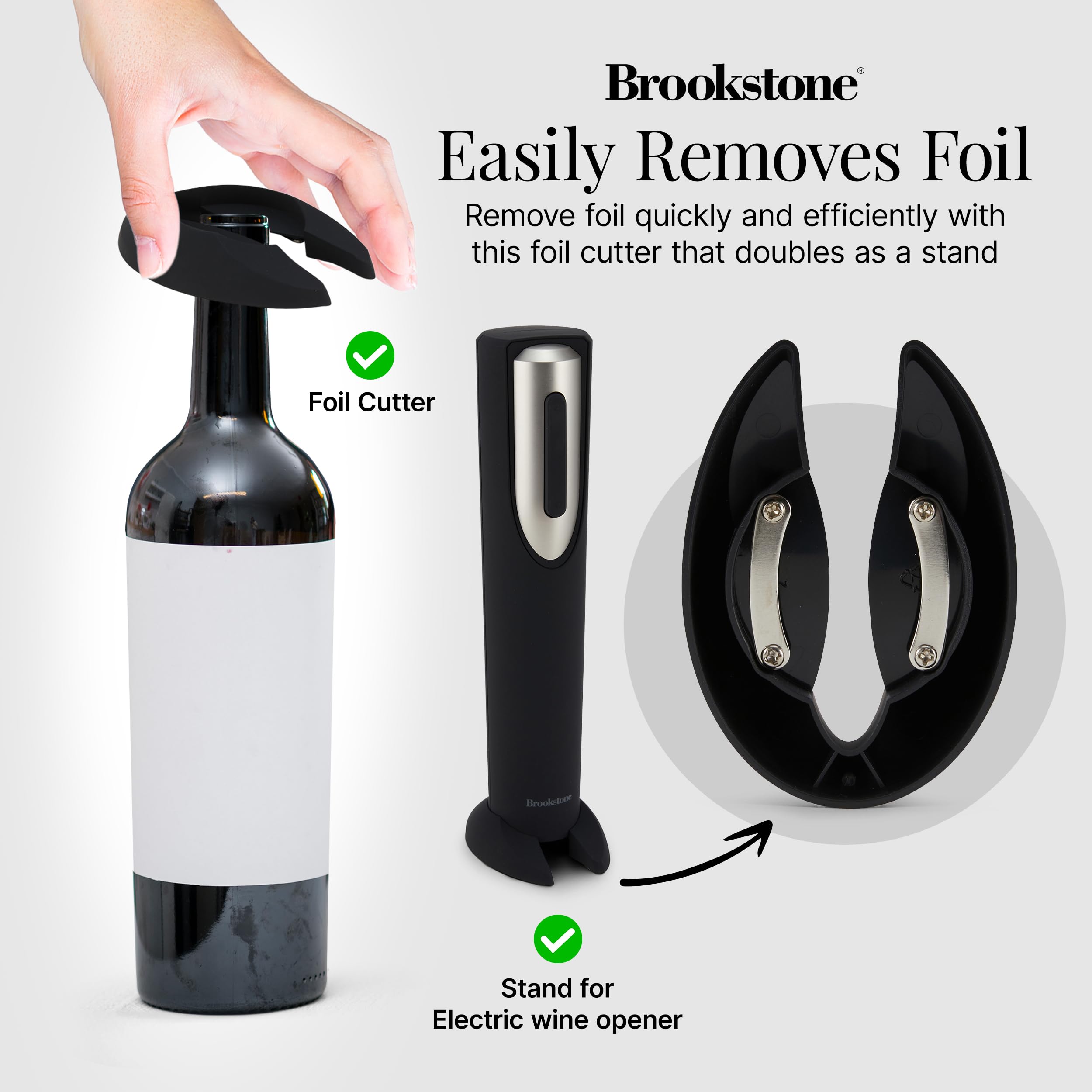 Brookstone electric wine opener uncorking action demonstrates smooth cork release for effortless entertaining.