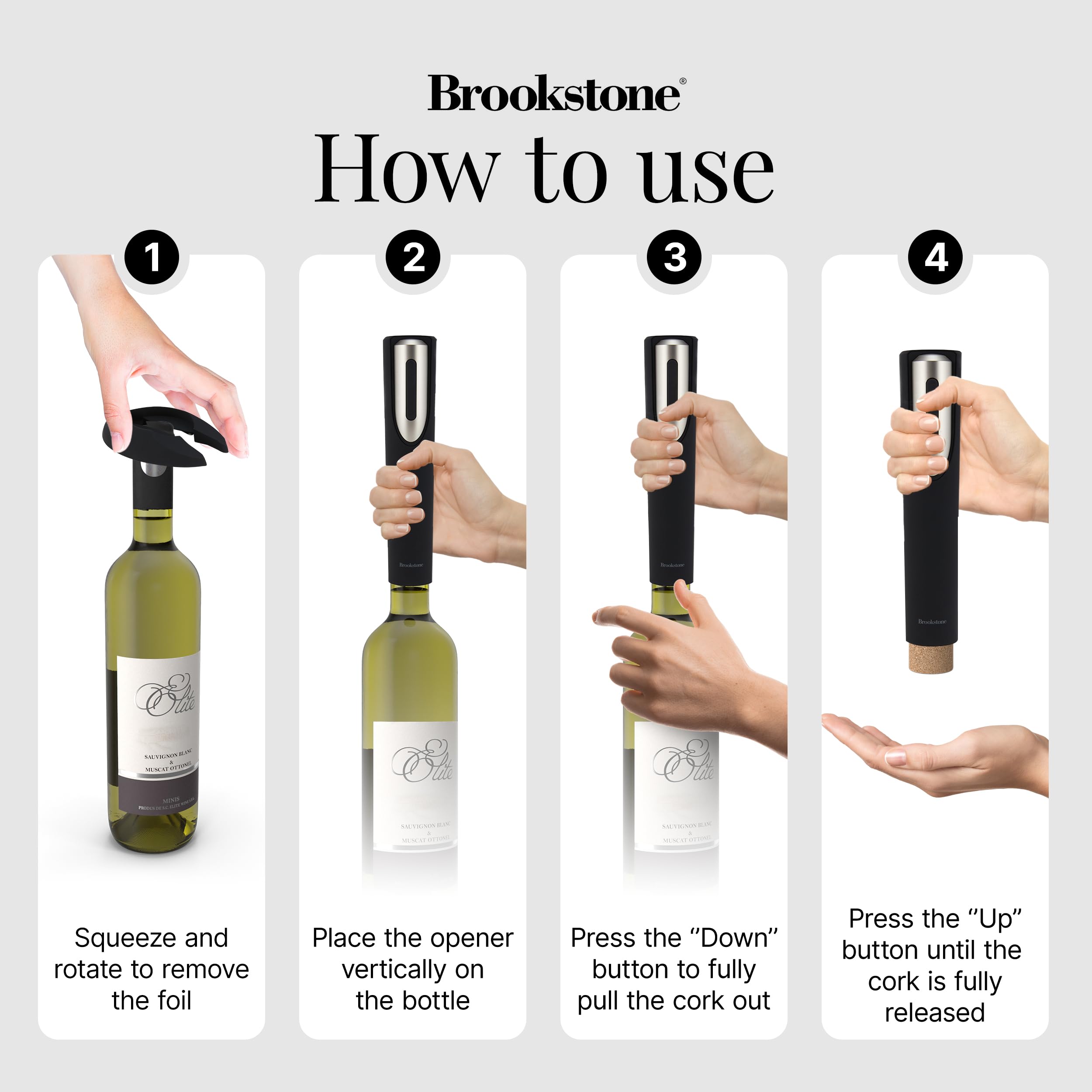 Open battery compartment on the Brookstone opener, highlighting easy battery-powered performance.