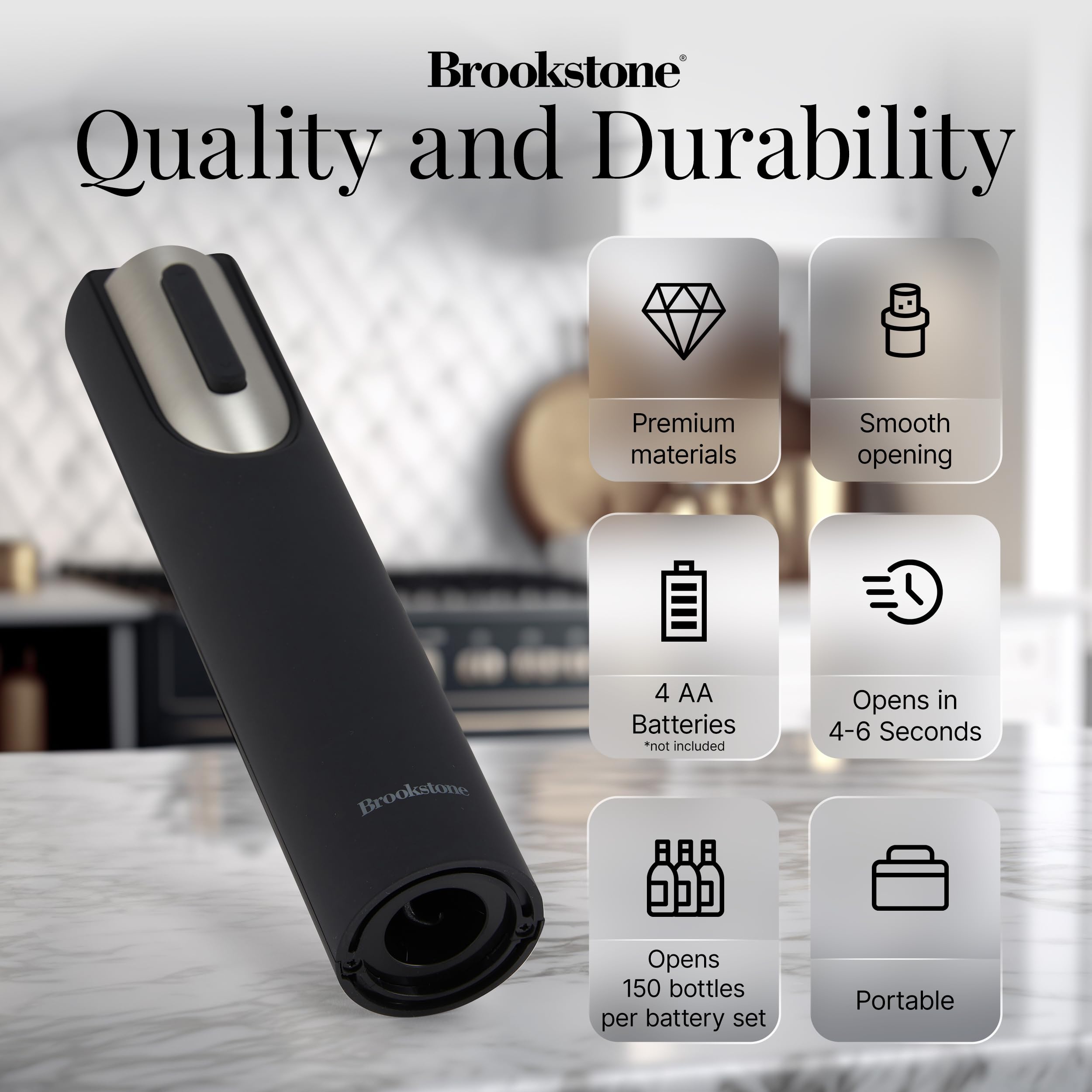 Brookstone wine opener gripping a bottle for secure, stable operation.