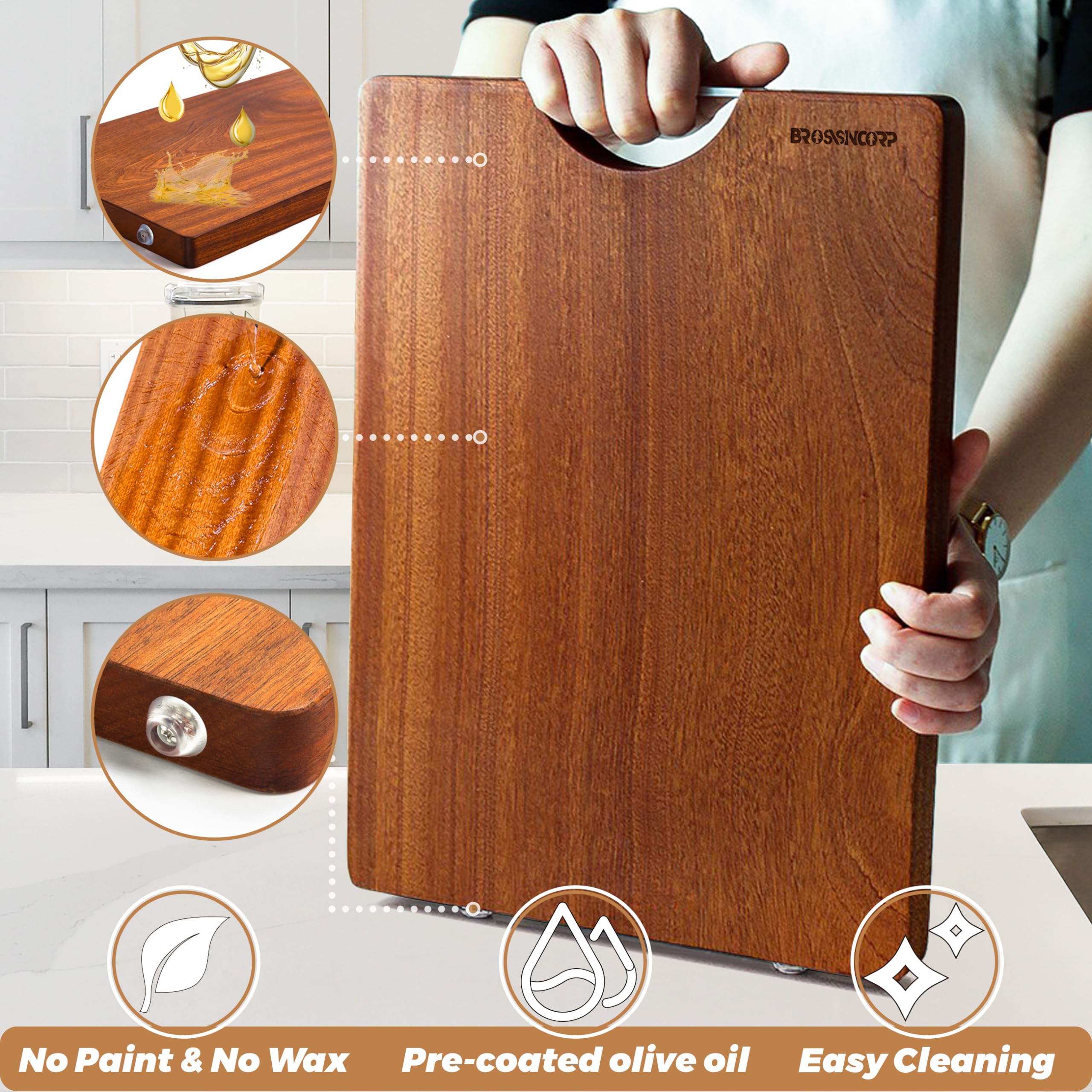 Brosisincorp Real Solid Sapele Cutting Board reversible design closeup shows dual prep sides.