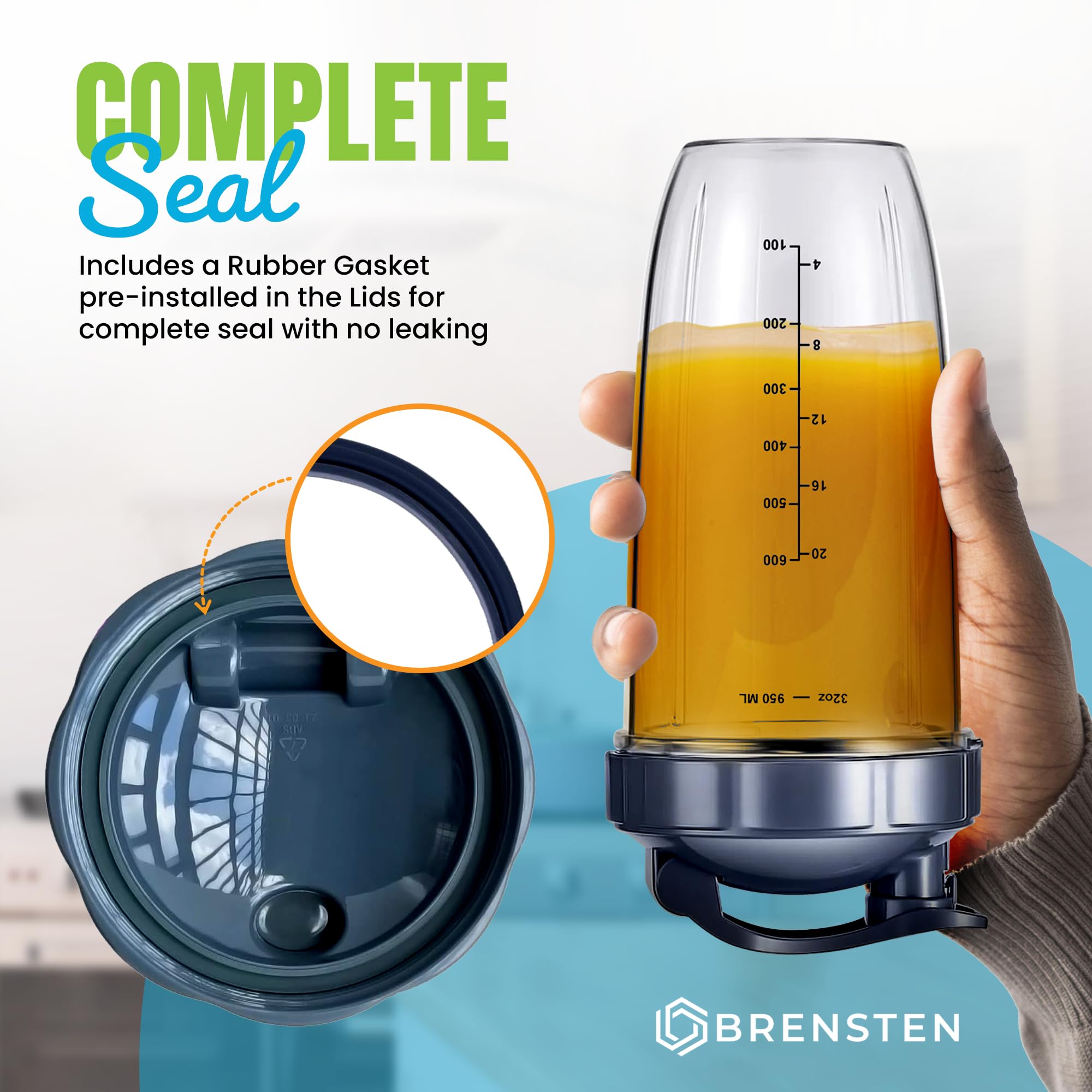 BRENSTEN dishwasher-safe 32oz cups for easy cleanup after blending.