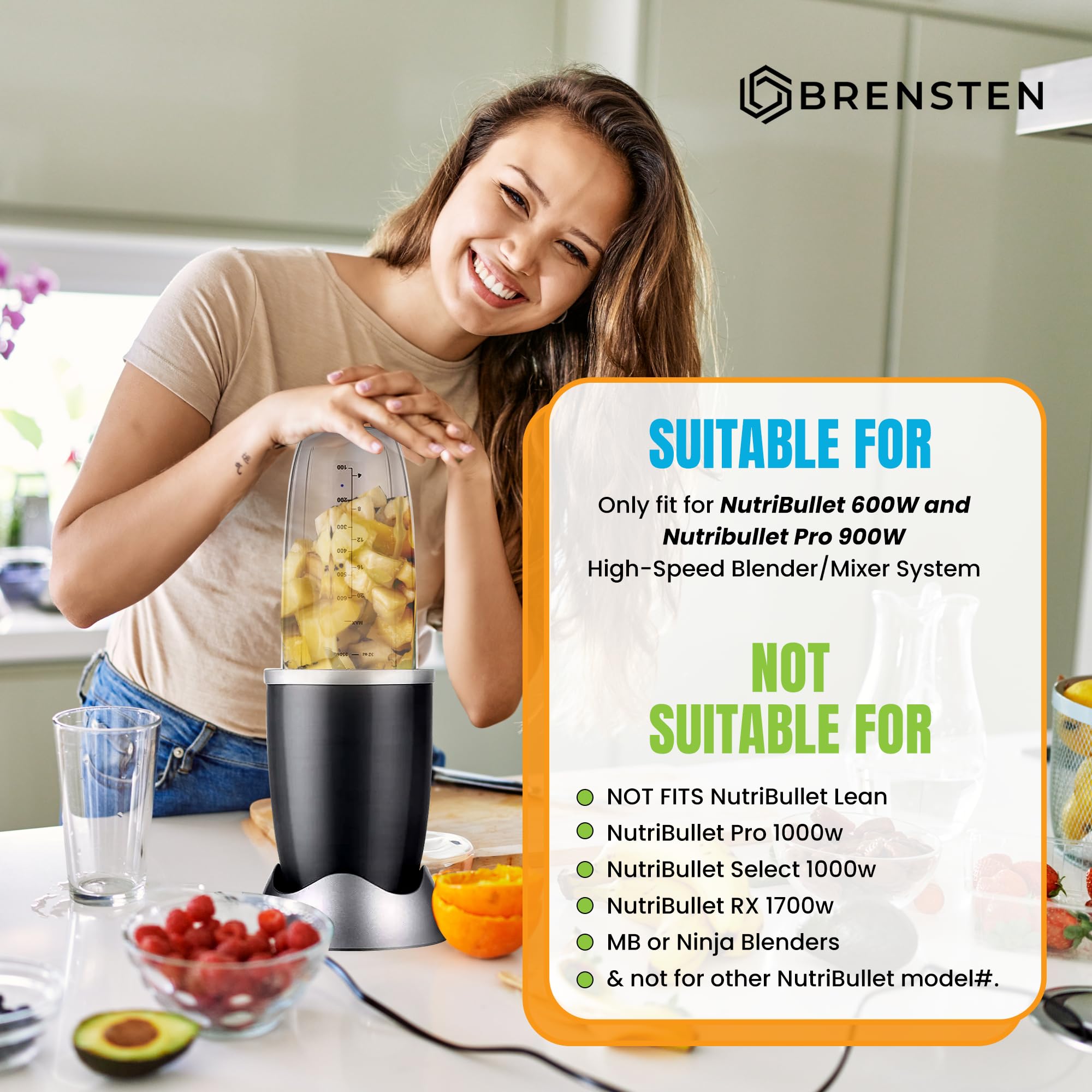 BRENSTEN cups compatible with NutriBullet 600W and 900W models for replacements.