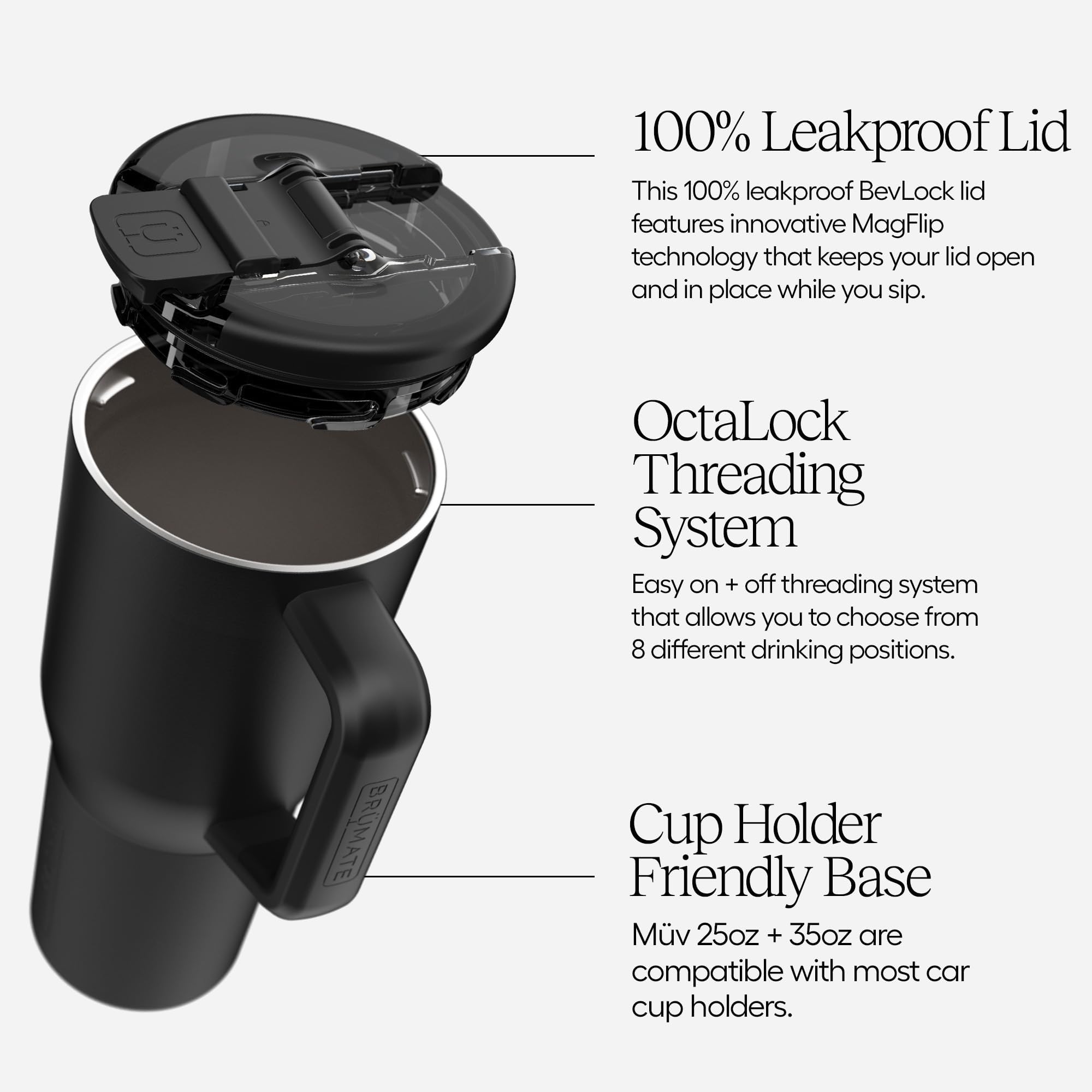 BrüMate Müv 25oz comfort grip handle with silicone sleeve for durability.