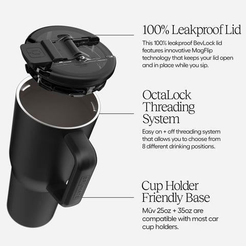 BrüMate Müv 25oz comfort grip handle with silicone sleeve for durability.