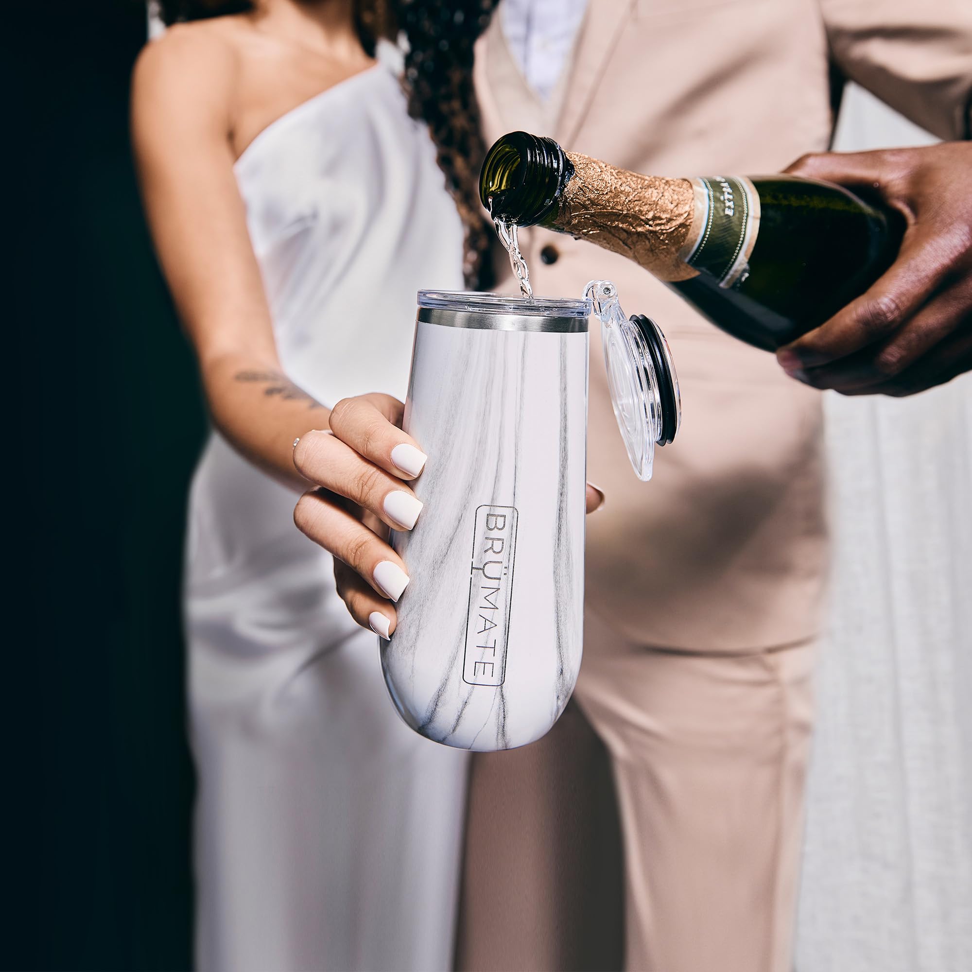 BrüMate 12oz insulated champagne flute glitter white durable stainless steel for celebrations.